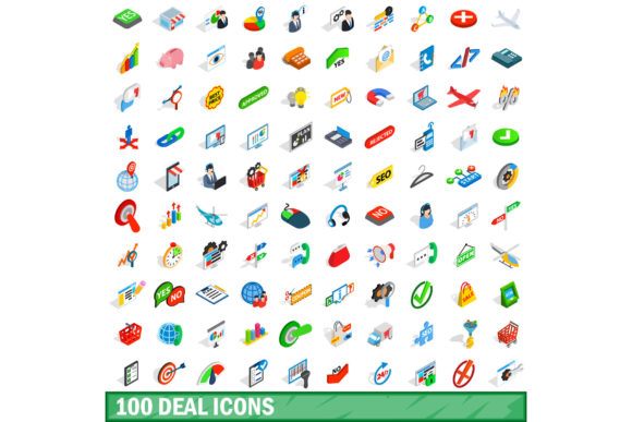 100 Deal Icons Set, Isometric 3d Style