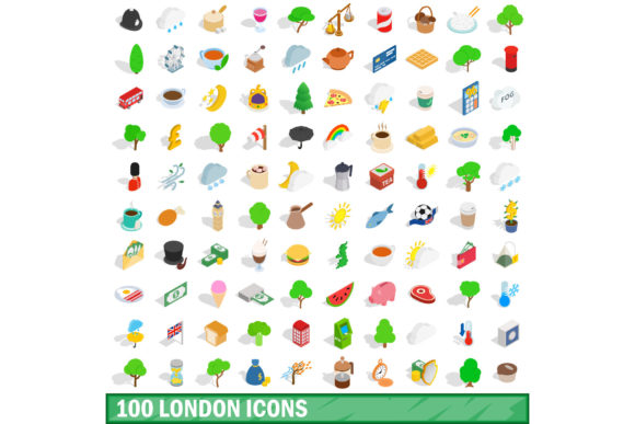 100 London Icons Set, Isometric 3D Style