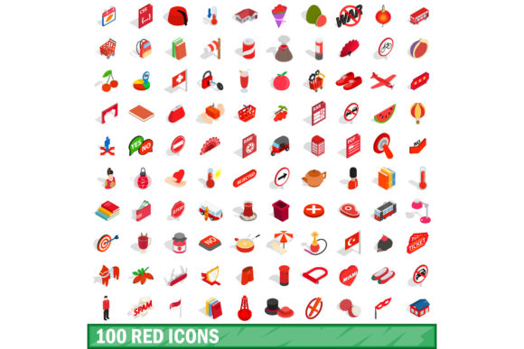 100 Red Icons Set, Isometric 3d Style
